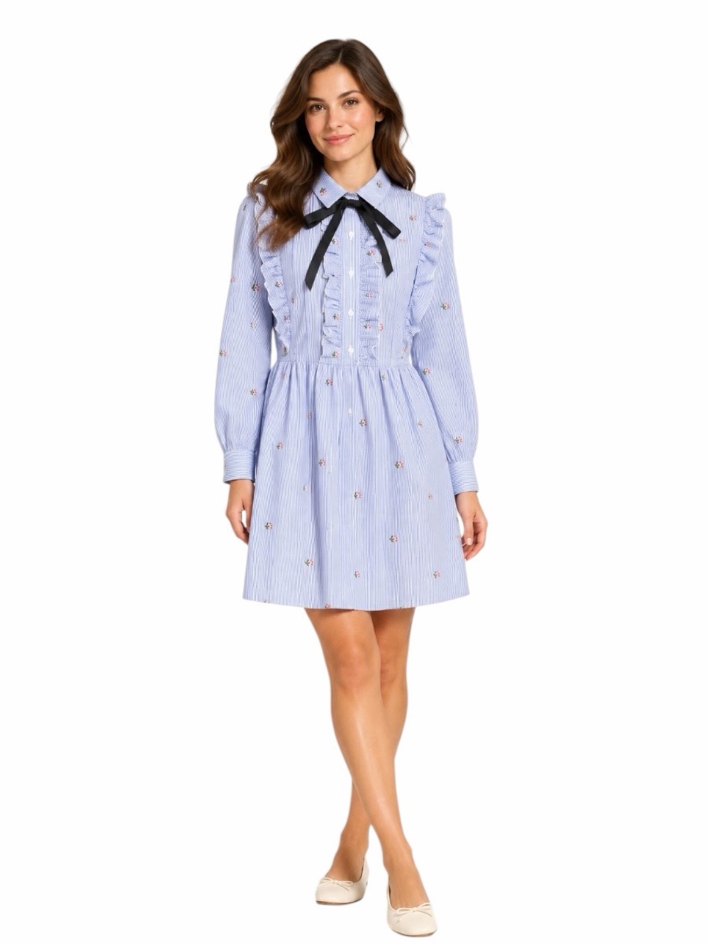 English Factory - Blue Pinstripe Floral Embroidered Ruffle Bow Dress Sz S